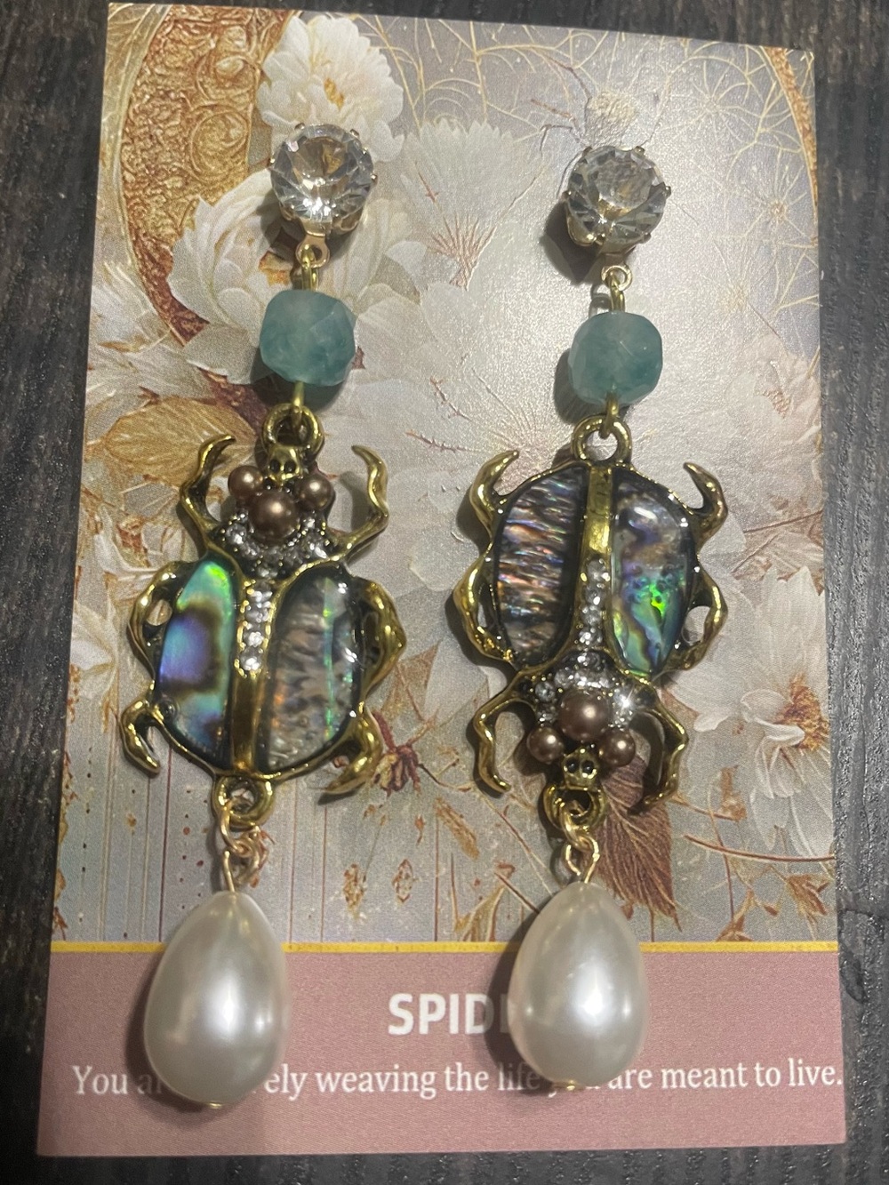 Hand Crafted Gold Beetle Drop Earrings with Abalone, Aqua Bead & Pearl
